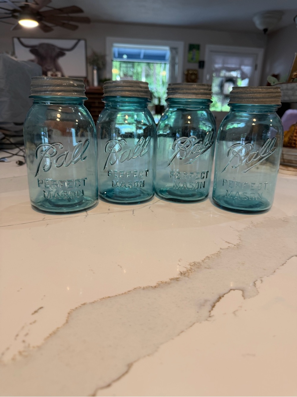 Vintage 32oz Perfect Mason Aqua Glass Jar Set of 4